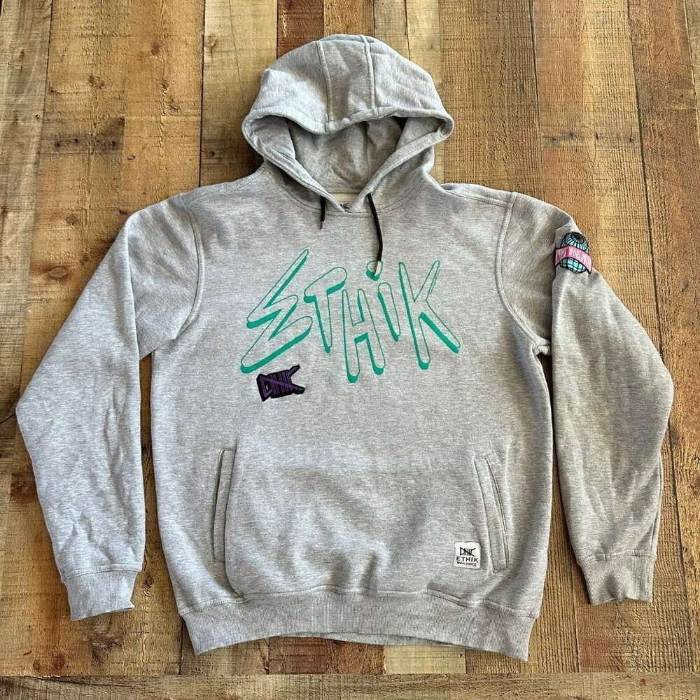Ethik heathered gray graphic logo print hoodie men's xl